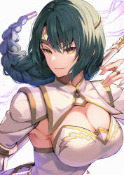 Rule 34 | 1girl, braid, breasts, bridal gauntlets, brown eyes, circlet, cleavage, commentary request, dress, fire emblem, fire emblem heroes, floating hair, gold trim, green hair, hair between eyes, highres, holding, holding polearm, holding weapon, jewelry, large breasts, lightning, long hair, looking at viewer, nakabayashi zun, nintendo, polearm, signature, simple background, single braid, smile, solo, thorr (fire emblem), upper body, weapon, white background, white dress