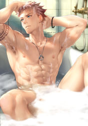 Rule 34 | 1boy, abs, arm tattoo, armpit hair, armpits, bathing, bathtub, blue eyes, bracelet, brown hair, closed mouth, completely nude, dan (mondi hl), hand on own head, highres, jewelry, large pectorals, male focus, mondi hl, muscular, muscular male, navel, necklace, nipples, nude, original, pectorals, short hair, solo, tattoo, twitter username
