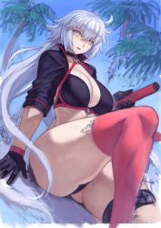 Rule 34 | 1girl, ahoge, bikini, black bikini, black choker, black gloves, black jacket, blue sky, choker, commentary request, cropped jacket, day, fate/grand order, fate (series), gloves, hair between eyes, highres, jacket, jeanne d&#039;arc alter (swimsuit berserker) (fate), jeanne d&#039;arc (fate), jeanne d&#039;arc alter (fate), jeanne d&#039;arc alter (swimsuit berserker) (fate), katana, long hair, mogudan, o-ring, o-ring bikini, o-ring bottom, o-ring top, palm tree, red thighhighs, rock, shrug (clothing), silver hair, single thighhigh, sky, solo, swimsuit, sword, thigh strap, thighhighs, thighs, tree, weapon, yellow eyes