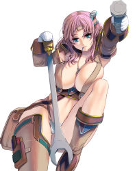 Rule 34 | 1girl, asymmetrical legwear, blue eyes, bolt, breasts, cleavage, curvy, gloves, gradient background, highres, hip focus, kouno (masao), large breasts, long hair, original, pink hair, revealing clothes, simple background, sitting, solo, thighhighs, thighs, uneven legwear, white background, white gloves, wrench