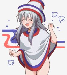 Rule 34 | 1girl, arms up, blush, bottomless, chipushishi, closed eyes, dancing, hair between eyes, hakata-san, hakata no shio, hat, highres, long hair, open mouth, personification, poncho, sidelocks, smile, solo, sombrero, thighs, very long hair, white background, white hair