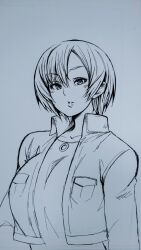 Rule 34 | 1girl, aya brea, breasts, collarbone, denim, greyscale, highres, jacket, lips, looking at viewer, monochrome, parasite eve, parasite eve ii, short hair, simple background, solo, white background, yamada pasta