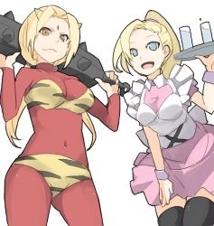 Rule 34 | 2girls, :d, black legwear, blonde hair, blue eyes, bodysuit, breasts, brown eyes, cleavage, club (weapon), cosplay, dress, from below, horns, kanabou, large breasts, long hair, multiple girls, naruto, naruto (series), naruto sd: rock lee no seishun full-power ninden, navel, no pupils, oni, open mouth, ponytail, red oni, skin tight, smile, spikes, thighhighs, tray, tsunade (naruto), waitress, weapon, yahamoi, yamanaka ino