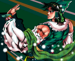 Rule 34 | 1boy, alternate color, bad id, bad pixiv id, bow, cosplay, detached sleeves, from behind, gradient background, hair bow, hair tubes, hakurei reimu, highres, jojo no kimyou na bouken, joseph joestar, joseph joestar (young), looking at viewer, looking back, male focus, muscular, scarf, solo, striped, striped background, toluda, touhou, watch, wristwatch, yin yang
