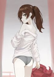 Rule 34 | 1girl, ass, brown eyes, brown hair, from behind, grey panties, hair between eyes, highres, kantai collection, long hair, long sleeves, looking at viewer, looking back, nito (nshtntr), off shoulder, pale skin, panties, parted lips, ryuujou (kancolle), shirt, solo, twintails, underwear, unworn clothes, wedgie, white shirt