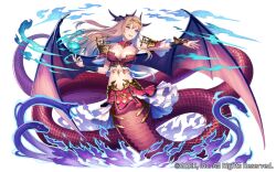 Rule 34 | 1girl, bat wings, blonde hair, blue eyes, breasts, cleavage, esukee, full body, lamia, large breasts, monster girl, official art, outstretched arm, pointy ears, seisen cerberus, simple background, skirt, snake, solo, transparent background, wings