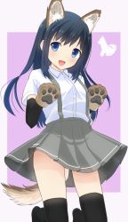 Rule 34 | 10s, 1girl, :d, animal ears, animal hands, arm warmers, asashio (kancolle), black hair, black legwear, blouse, blue eyes, blush, breasts, buttons, dog ears, dog paws, dog tail, gloves, highres, kantai collection, kemonomimi mode, long hair, looking to the side, open mouth, paw gloves, pleated skirt, school uniform, serafuku, shirt, skirt, small breasts, smile, solo, suspenders, tail, usagikoya, white shirt