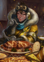 Rule 34 | 1girl, black gloves, bread, brown eyes, brown hair, capcom, cheese, coat, drink, earmuffs, eyelashes, eyeshadow, food, freckles, fur trim, gloves, goggles, goggles on head, gravy, hair between eyes, handler (monster hunter world), head rest, highres, hood, hood down, looking at viewer, makeup, mascara, monster hunter, monster hunter: world, monster hunter (series), nib pen (object), parka, pen, pink lips, pom pom (clothes), pov across table, realistic, signature, smile, soffa, solo, sparkle, spoon, steak, table, tankard, teeth, winter clothes, winter coat