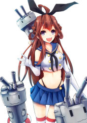 Rule 34 | 1girl, :3, blue eyes, brown hair, cosplay, crop top, crop top overhang, elbow gloves, gloves, hair ribbon, highleg, highleg panties, highres, innertube, kantai collection, kongou (kancolle), konkito, long hair, looking at viewer, machinery, midriff, navel, open mouth, panties, personification, rensouhou-chan, ribbon, shimakaze (kancolle), shimakaze (kancolle) (cosplay), simple background, skindentation, socks, solo, striped clothes, striped socks, striped thighhighs, swim ring, thigh gap, thighhighs, turret, underwear, white background