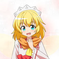 Rule 34 | 1girl, :d, alternate hairstyle, ascot, blonde hair, blue eyes, blush, cato (monocatienus), dress, fairy wings, fang, hair down, headdress, looking at viewer, open mouth, scarf, smile, solo, sparkle, sunny milk, touhou, wings