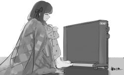 Rule 34 | 1girl, barefoot, blanket, bow, closed eyes, closed mouth, food print, greyscale, hair bow, hair ribbon, heater, highres, hugging own legs, long hair, long sleeves, monochrome, on ground, original, orval, pajamas, ribbon, simple background, sitting, solo, strawberry print, translated, trembling