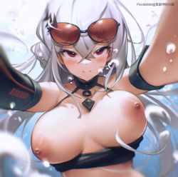 Rule 34 | 1girl, absurdres, air bubble, arknights, bikini, bikini pull, bilibili xiaolu, black bikini, black choker, blush, breasts, breasts out, bubble, chinese commentary, choker, closed mouth, clothes pull, collarbone, commentary request, crossed bangs, eyewear on head, floating hair, hair between eyes, halterneck, highres, huge filesize, large breasts, long hair, looking at viewer, nipples, outstretched arm, pixiv username, red eyes, selfie, silver hair, skadi (arknights), solo, sunglasses, swimsuit, underwater, upper body