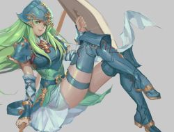 Rule 34 | 1girl, armor, belt, blue armor, blue eyes, breastplate, detached sleeves, fire emblem, fire emblem: path of radiance, fire emblem: radiant dawn, gloves, green eyes, green hair, helmet, long hair, looking at viewer, lucidsky, nephenee, nintendo, polearm, simple background, skirt, smile, solo, spear, thighhighs, thighs, weapon