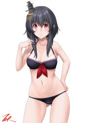 Rule 34 | 1girl, artist name, bikini, black bikini, black hair, breasts, cleavage, commission, cowboy shot, hair ornament, highres, kantai collection, medium breasts, pixiv commission, red eyes, short hair, short hair with long locks, simple background, solo, standing, swimsuit, t2r, white background, yamashiro (kancolle)