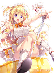 Rule 34 | 1girl, :d, \||/, ahoge, artist name, artist self-insert, blonde hair, blush, bow, bracelet, breasts, brown footwear, cameltoe, center frills, citrus (suzushiro atsushi), commentary request, curvy, eyelashes, eyes visible through hair, floating hair, food, foot out of frame, foreshortening, frilled shirt, frilled skirt, frills, green bow, hair between eyes, hair bow, hair ornament, hand up, happy, highres, holding utensil, jewelry, kneehighs, knees together feet apart, large breasts, long hair, looking at viewer, maid, open hand, open mouth, orange bow, orange skirt, orange wrist cuffs, original, outstretched arm, pancake, pancake stack, panties, panty peek, plaid, plaid skirt, purple eyes, rabbit, shiny skin, shirt, sidelocks, simple background, sitting, skirt, smile, socks, solo, star (symbol), star hair ornament, suspender skirt, suspenders, suzushiro atsushi, teeth, thighs, two side up, underwear, upper teeth only, very long hair, white background, white panties, white shirt, white socks, wrist cuffs, yellow theme