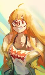 Rule 34 | 1girl, absurdres, ahoge, black tank top, breasts, commentary, fur-trimmed jacket, fur trim, glasses, green jacket, grin, highres, jacket, long hair, no good no good, open clothes, open jacket, orange hair, persona, persona 5, red-framed eyewear, red eyes, sakura futaba, shirt, sidelocks, small breasts, smile, solo, tank top, white shirt
