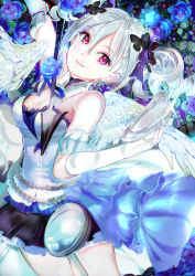 Rule 34 | 119, 1girl, angel wings, arm strap, arrow (projectile), bad id, bad pixiv id, black skirt, blue flower, blue rose, breasts, butterfly hair ornament, choker, cleavage, cowboy shot, elbow gloves, feathered wings, floating hair, flower, gloves, hair between eyes, hair ornament, hair ribbon, highres, holding, holding arrow, idolmaster, idolmaster cinderella girls, idolmaster cinderella girls starlight stage, kanzaki ranko, layered skirt, long hair, looking at viewer, medium breasts, miniskirt, pleated skirt, purple flower, purple ribbon, purple rose, red eyes, ribbon, rose, sideboob, silver hair, skirt, sleeveless, solo, starry sky bright, striped, twintails, white gloves, white wings, wings