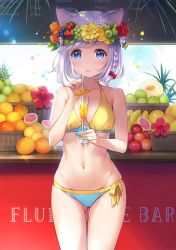 Rule 34 | 1girl, :o, animal ears, apple, banana, bare arms, bare legs, bare shoulders, bikini, blue eyes, blueberry, blush, bow, braid, breasts, cat ears, cleavage, cowboy shot, cup, day, drinking glass, drinking straw, flower, food, food-themed hair ornament, fruit, fruit request, grapefruit, grapes, hair bow, hair flower, hair ornament, head wreath, hibiscus, holding, holding cup, holding drinking glass, light particles, looking at viewer, medium breasts, melon, mignon, navel, open mouth, orange (fruit), orange slice, original, outdoors, pineapple, pomegranate, red bow, shiny skin, side braid, silver hair, skindentation, solo, standing, stomach, strawberry, swimsuit, tareme, thigh gap, yellow bikini