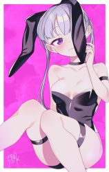 Rule 34 | 1girl, absurdres, animal ears, arm strap, bare legs, bare shoulders, black choker, black hairband, black leotard, border, breasts, choker, cleavage, closed mouth, collarbone, ears down, fake animal ears, grey hair, hairband, highres, leotard, long hair, looking at viewer, misao koinu, new game!, pink background, rabbit ears, sitting, skindentation, small breasts, smile, solo, strapless, strapless leotard, suzukaze aoba, thigh strap, twintails, white border