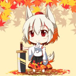 Rule 34 | 1girl, animal ears, autumn leaves, bare shoulders, blush, busoushinkimms, chibi, detached sleeves, hat, inubashiri momiji, leaf, pom pom (clothes), red eyes, sarashi, short hair, silver hair, simple background, skirt, smile, solo, sword, tail, tokin hat, touhou, weapon, wolf ears, wolf tail, yellow background