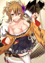 Rule 34 | 1girl, animal ears, bare shoulders, black skirt, blush, breasts, brown eyes, brown hair, colossus, commentary request, flower, hair flower, hair ornament, highres, kamome yuu, large breasts, looking at viewer, mole, mouth hold, multicolored hair, nail polish, original, pleated skirt, short hair, signature, skirt, solo, standing, standing on one leg, tail, thighhighs, two-tone hair, white thighhighs, zettai ryouiki
