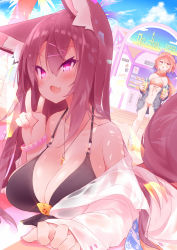 Rule 34 | 2girls, :d, animal ear fluff, animal ears, bikini, black bikini, blush, breasts, brown hair, cleavage, cloud, cloudy sky, cuff links, drink, fang, food stand, front-tie top, hair between eyes, heart, heart-shaped pupils, highres, imaizumi kagerou, jacket, jewelry, key, koha, large breasts, long hair, lying, multiple girls, on stomach, open clothes, open jacket, open mouth, pendant, pink eyes, red bikini, sekibanki, shirt, skin fang, sky, smile, swimsuit, symbol-shaped pupils, tail, touhou, v, wet, wet clothes, wet shirt, white shirt, wolf ears, wolf tail, wristband