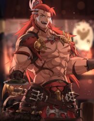 Rule 34 | 1boy, abs, arm tattoo, armband, armor, bara, bellsaltr, belt, biceps, blurry, blurry background, chest belt, cup, dagger, fangs, food, gauntlets, granblue fantasy, highres, knife, large pectorals, leather belt, long hair, long sideburns, looking at viewer, male focus, manly, mature male, meat, mug, multicolored hair, muscular, muscular male, neck tattoo, nipples, open mouth, outdoors, pectorals, plate, ponytail, red hair, shoulder armor, shoulder pads, sideburns, skirt, slit pupils, smile, solo, stomach tattoo, table, tattoo, teeth, thick arms, thick eyebrows, tongue, topless male, tusks, veins, veiny arms, weapon, weapon on back, white hair, wilnas (granblue fantasy), yellow eyes
