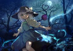 Rule 34 | 1girl, adapted costume, bare tree, black hat, bow, forest, full moon, green eyes, green skirt, green vest, hat, hat bow, heart, heart of string, highres, komeiji koishi, looking to the side, medium hair, miniskirt, moon, nature, night, night sky, onion (onion and pi-natto), outdoors, outstretched arms, puffy sleeves, shirt, silver hair, skirt, skirt set, sky, solo, third eye, touhou, tree, vest, white bow, yellow shirt