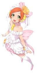 Rule 34 | 10s, 1girl, bare shoulders, blush, dress, earrings, flower, full body, highres, hoshizora rin, jewelry, love live!, love live! school idol festival, love live! school idol project, love wing bell, open mouth, orange hair, sekina, shoes, short hair, smile, solo, standing, thighhighs, veil, white background, white dress, white thighhighs, yellow eyes