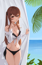 Rule 34 | absurdres, blush, brown hair, copycat001, girls&#039; frontline, hair ornament, highres, looking at viewer, midriff, ocean, plant, playing with own hair, swimsuit, twintails, ump9 (girls&#039; frontline)