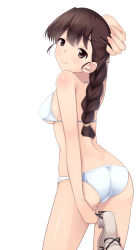 Rule 34 | 10s, 1girl, arm behind back, arm up, ass, bad anatomy, bad id, bad pixiv id, bad proportions, bikini, braid, brown hair, from behind, girls und panzer, holding, long hair, looking at viewer, looking back, nksk, pen, poorly drawn, rukuriri (girls und panzer), sandals, simple background, single braid, smile, solo, standing, swimsuit, ushiroda, white background, white bikini