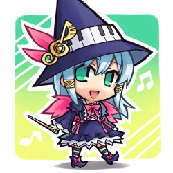 Rule 34 | 1girl, :d, aqua hair, bad id, bad pixiv id, borrowed character, chibi, chroma000, chroma (chroma000), green eyes, hat, holding, looking at viewer, musical note, open mouth, original, smile, solo, wand