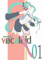 Rule 34 | 1girl, breasts, carlos toshiki, detached sleeves, face, green eyes, green hair, hatsune miku, headphones, highres, long hair, matching hair/eyes, medium breasts, microphone, microphone stand, navel, necktie, open clothes, open shirt, pink thighhighs, shirt, skirt, solo, spring onion, thighhighs, twintails, very long hair, vocaloid