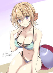 Rule 34 | 1girl, ball, beachball, bikini, blonde hair, braid, braided bangs, braided bun, breasts, cleavage, gakky, green bikini, hair bun, highres, kantai collection, large breasts, long hair, looking at viewer, medium breasts, multi-strapped bikini bottom, official alternate costume, one-hour drawing challenge, perth (kancolle), perth (swimsuit mode) (kancolle), purple eyes, short hair, sitting, smile, solo, striped bikini, striped clothes, swimsuit