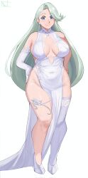 Rule 34 | 1girl, absurdres, alternate costume, blue eyes, breasts, cleavage cutout, clothing cutout, commission, covered navel, creatures (company), dress, elbow gloves, full body, game freak, gloves, high heels, highres, large breasts, long hair, magdalenus27, mature female, melony (pokemon), nintendo, plump, pokemon, pokemon swsh, single elbow glove, single thighhigh, smile, solo, thigh strap, thighhighs, white dress