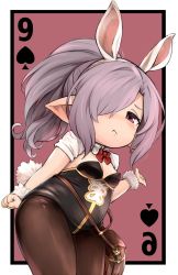 Rule 34 | 1girl, animal ears, bad id, bad twitter id, black leotard, blush, bow, bowtie, breasts, brown pantyhose, cleavage, closed mouth, detached collar, fake animal ears, granblue fantasy, hair over one eye, harvin, iwao (pixiv258710), leotard, long hair, looking at viewer, niyon (granblue fantasy), pantyhose, playboy bunny, pointy ears, rabbit ears, rabbit tail, small breasts, solo, strapless, strapless leotard, tail, very long hair, wrist cuffs
