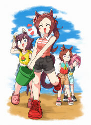 Rule 34 | 4girls, :d, ^ ^, absurdres, animal ears, appleq, arms behind back, bare arms, bare shoulders, beach, black shirt, black shorts, blue shorts, blue sky, blush stickers, brown hair, brown shorts, bucket, closed eyes, cloud, collared shirt, commentary request, crocs, crop top, day, flower, forehead, hair between eyes, hair flower, hair ornament, hairband, haru urara (umamusume), highres, holding, horse ears, horse girl, horse tail, long hair, midriff, multiple girls, navel, open mouth, overall shorts, overalls, pink footwear, pink hair, pink shirt, ponytail, purple eyes, red flower, red footwear, red hairband, red shirt, sakura bakushin o (umamusume), sakura chiyono o (umamusume), sakura laurel (umamusume), sand, sandals, shirt, shoes, short shorts, shorts, simple background, sky, sleeveless, sleeveless shirt, smile, summer, swept bangs, tail, tank top, umamusume, v-shaped eyebrows, very long hair, water, white background, white footwear, yellow tank top