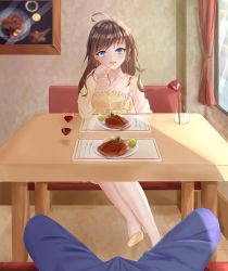 Rule 34 | 1girl, blue eyes, blush, breasts, brown hair, bulge, cleavage, cup, drinking glass, erection, erection under clothes, flower, highres, jewelry, long hair, looking at viewer, necklace, open mouth, pov, restaurant, table, wine glass