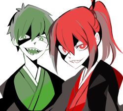 Rule 34 | 1boy, 1girl, amakusa (hidorozoa), bright pupils, green eyes, green hair, green theme, hair between eyes, haori, japanese clothes, looking at viewer, multiple monochrome, niconico, open mouth, ponytail, red eyes, red hair, red theme, sakamoto ryouma (bakumatsu shishi channel), sharp teeth, simple background, smile, takamori saigou (bakumatsu shishi channel), teeth, white background
