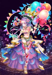 Rule 34 | 1girl, :d, balloon, blue hair, bow, breasts, character request, cleavage, colorful, copyright request, crown, detached sleeves, full body, hair ornament, hand up, highres, holding, holding balloon, lace, long hair, medium breasts, multicolored hair, navel, open mouth, original, puffy short sleeves, puffy sleeves, purple hair, ribbon, see-through, short sleeves, smile, solo, standing, standing on one leg, stomach, umenchu7