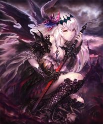 Rule 34 | 10s, 1girl, armor, armored boots, army, artist request, asymmetrical clothes, battlefield, boots, bracer, cloud, cloudy sky, cygames, dark jeanne, dark persona, demon wings, feathers, gloves, glowing, glowing eyes, hair ornament, holding, holding sword, holding weapon, long hair, official art, pale skin, red eyes, shadowverse, shingeki no bahamut, single glove, skeleton, sky, solo, sword, weapon, white hair, wings