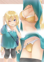 Rule 34 | 1girl, ;p, arm behind back, arms up, bag, blend s, blonde hair, blue eyes, blush, bra, breasts, cleavage, clothes lift, collarbone, cowboy shot, dress, dress lift, enatsu, finger to face, frilled panties, frills, hair between eyes, highres, hinata kaho, leaning forward, leggings, leggings pull, lifting own clothes, long hair, looking at viewer, lower body, medium breasts, multiple views, navel, one eye closed, panties, short sleeves, shoulder bag, standing, tareme, thighs, tongue, tongue out, twintails, underwear, upper body, upskirt, very long hair, yellow bra, yellow panties