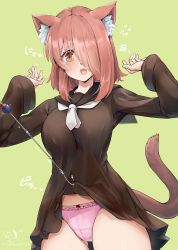 Rule 34 | animal ear fluff, animal ears, black dress, blush, breasts, brown eyes, brown hair, cat ears, cat girl, cat tail, clothes lift, dress, embarrassed, fang, fishing hook, fishing line, green background, hair over one eye, highres, kntrs (knyrs), large breasts, long sleeves, medium hair, open mouth, original, panties, pink panties, sailor collar, simple background, skirt, skirt lift, solo, tail, underwear, upper body