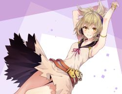 Rule 34 | 1girl, akizuki haruhi, armlet, armpits, arms up, bare arms, bare shoulders, beige dress, belt, black sailor collar, blonde hair, blush, bracelet, breasts, cleavage, collarbone, commentary request, dress, feet out of frame, grin, hair between eyes, jewelry, looking at viewer, medium breasts, pointy hair, purple background, red ribbon, ribbon, sailor collar, sailor dress, short hair, smile, solo, thighs, touhou, toyosatomimi no miko, white background, yellow eyes