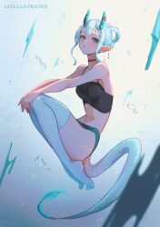 Rule 34 | aqua eyes, aqua hair, artist name, black tank top, commentary, crop top, dragon girl, dragon horns, dragon tail, earrings, english commentary, expressionless, from side, full body, hands on own knees, highres, horns, jayllustrates, jewelry, looking at viewer, midriff, navel, original, pointy ears, tail, tank top, thighhighs, water drop, white thighhighs