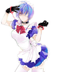 Rule 34 | 00s, 1girl, apron, bad id, bad pixiv id, bdsm, black gloves, blue eyes, blue hair, bondage, bound, collar, cuffs, eyepatch, frills, funpjinju, gloves, handcuffs, ikkitousen, looking at viewer, maid, maid apron, maid headdress, matching hair/eyes, pleated skirt, ryomou shimei, short hair, skirt, solo, thighhighs, white background, white thighhighs