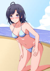 Rule 34 | 1girl, ahoge, beach, bikini, black eyes, black hair, blue sky, breasts, cleavage, closed mouth, cloud, collarbone, commentary request, day, hair ornament, hands on own thighs, highres, hikigaya komachi, kneeling, konoyan, looking at viewer, navel, ocean, outdoors, parted bangs, short hair, sky, small breasts, smile, solo, swimsuit, white bikini, x hair ornament, yahari ore no seishun lovecome wa machigatteiru.
