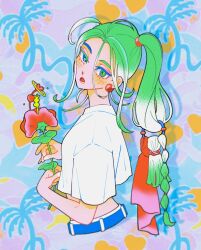 Rule 34 | 1girl, abstract background, blue eyes, blush, colored eyelashes, commentary request, crop top, crop top overhang, cropped torso, earrings, eyelashes, flower, from side, green eyes, green hair, hair ornament, heterochromia, highres, holding, holding flower, inuha dog wave, jewelry, long hair, looking at viewer, looking to the side, midriff, mismatched eyebrows, mismatched eyelashes, open mouth, original, red flower, shirt, short sleeves, solo, sphere earrings, upper body, white shirt