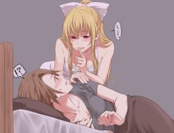 Rule 34 | !?, 2girls, bare shoulders, bed, bed sheet, blanket, blonde hair, blush, bow, breasts, brown hair, cleavage, collarbone, dress, empty eyes, finger to mouth, granblue fantasy, grey background, grey shirt, hair bow, high ponytail, index finger raised, katalina (granblue fantasy), long hair, medium breasts, miso-ha (ukyuu), multiple girls, pillow, ponytail, red eyes, shirt, short dress, short sleeves, sidelocks, sweatdrop, t-shirt, vira (granblue fantasy), white dress, yuri