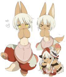 Rule 34 | &gt; &lt;, 1other, :3, androgynous, animal ears, body fur, chibi, colored eyelashes, furry, happy, hat, heart, highres, jitome, long hair, made in abyss, multiple views, nanachi (made in abyss), navel, open mouth, other focus, own hands together, pants, pouch, puffy pants, rabbit ears, red hat, red pants, short hair, sidelocks, simple background, smile, tail, tail wagging, uis0, whiskers, white background, white hair, yellow eyes